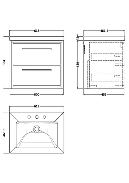 Hudson Reed Lille 600mm Graphite Grey Woodgrain Wall Hung 2-Drawer Vanity With 3 Tap Hole Basin
