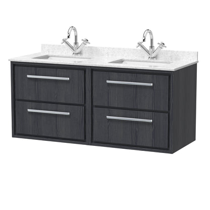 Hudson Reed Lille 1200mm Wall Hung 4-Drawer Vanity Unit with Double Marble Basin, Backsplash & 2 Tap Holes