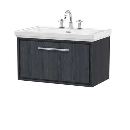Hudson Reed Lille 800mm Graphite Grey Woodgrain Wall Hung Single Drawer Vanity Unit With 3 Tap Hole Basin