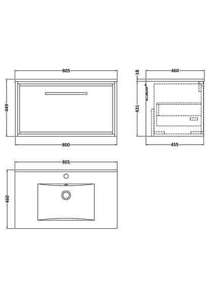 Lille 800mm Wall Hung Single Drawer Vanity with Basin - 1 Tap Hole