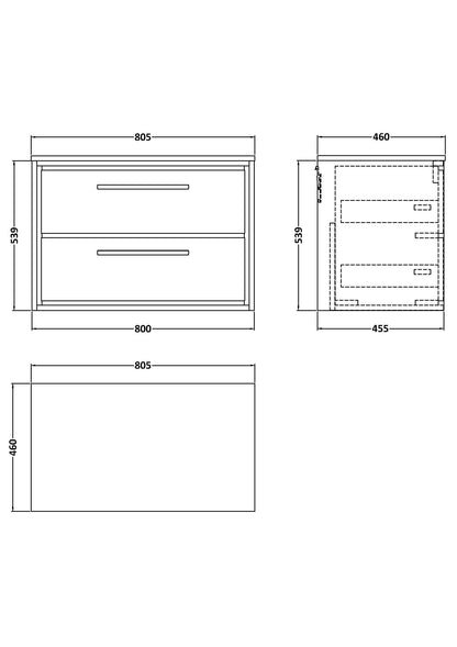 Hudson Reed Lille 800mm Graphite Grey Woodgrain Wall Hung 2-Drawer Vanity Unit With Worktop