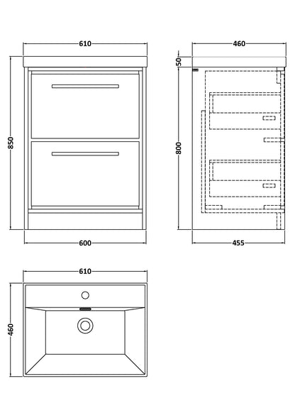 Hudson Reed Lille 600mm Floor Standing 2-Drawer Vanity Unit with 1 Tap Hole Basin