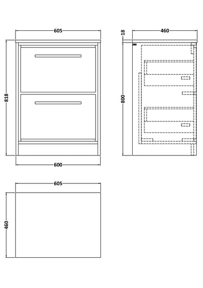 Hudson Reed Lille 600mm Floor Standing 2-Drawer Vanity Unit With Worktop