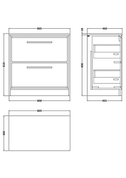 Hudson Reed Lille 800mm Graphite Grey Woodgrain Floor Standing 2-Drawer Vanity Unit With Worktop