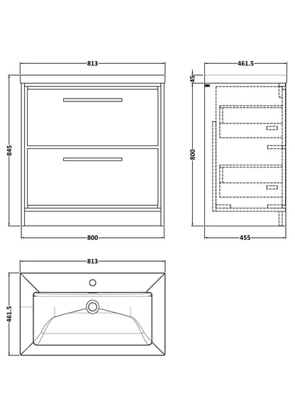 Lille 800mm Floor Standing 2-Drawer Vanity with Basin - 1 Tap Hole