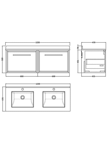 Hudson Reed Lille 1220mm Wall Hung Vanity Unit with Double Basin and Soft Close Drawer
