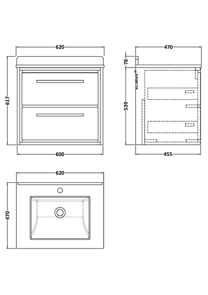 Hudson Reed Lille 600mm Wall Hung Antique Oak 2-Drawer Vanity Basin With Soft Close Drawers
