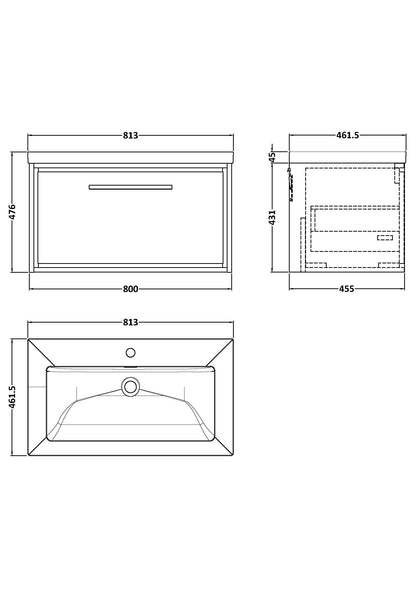 Lille 800mm Wall Hung Single Drawer Vanity with Basin - 1 Tap Hole