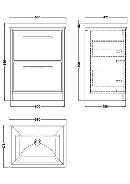 Lille 600mm Floor Standing 2-Drawer Vanity with Basin - 0 Tap Hole