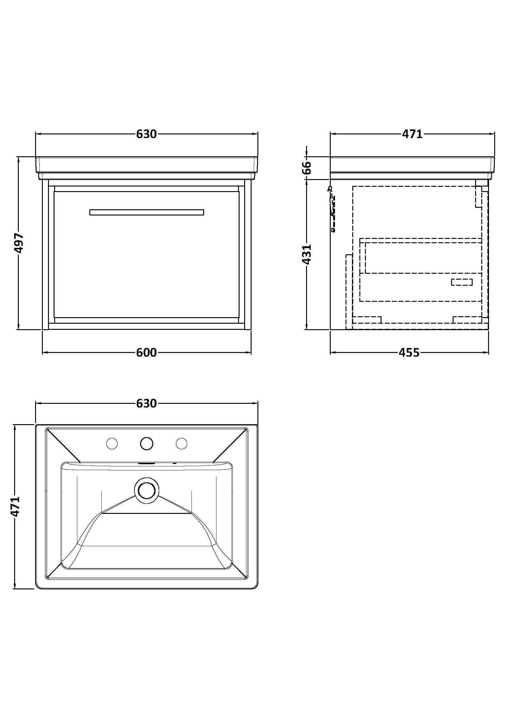 Hudson Reed Lille 600mm Wall Hung Single Drawer Vanity Unit with 3 Tap Hole Basin