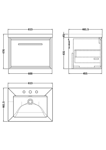 Hudson Reed Lille 600mm Wall Hung Bleached Oak Single Drawer Vanity Unit with 3 Tap Hole Basin