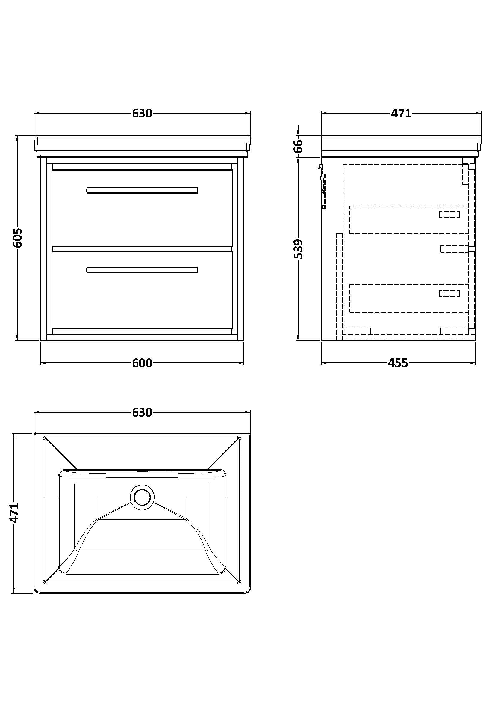 Hudson Reed Lille 600mm Wall Hung 2-Drawer Vanity Unit with 0 Tap Hole Basin