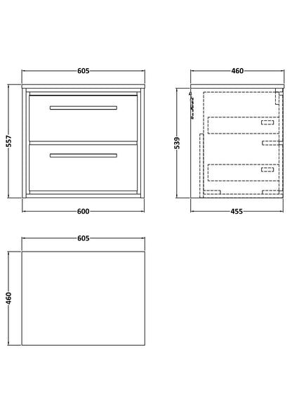 Hudson Reed Lille 600mm Bleached Oak Wall Hung 2-Drawer Vanity Unit With Worktop & Soft Close Drawers