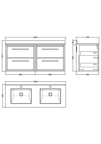 Hudson Reed Lille 1220mm Wall Hung 4-Drawer Bleached Oak Vanity Unit With Marble Worktop & Double Basins