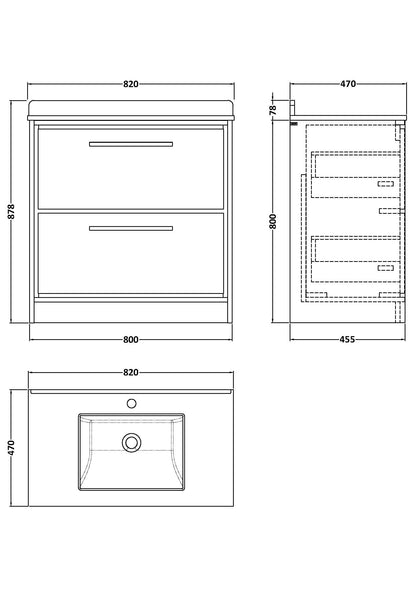 Hudson Reed Lille 800mm Bleached Oak Floor Standing 2-Drawer Vanity Unit with Marble Worktop Basin