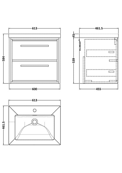 Hudson Reed Lille 600mm Wall Hung 2-Drawer Vanity Unit with 1 Tap Hole Basin