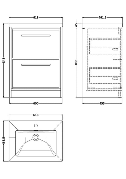 Lille 600mm Floor Standing 2-Drawer Vanity with Basin - 1 Tap Hole