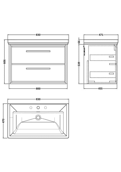 Hudson Reed Lille 800mm Pebble Grey Wall Hung 2-Drawer Vanity Unit With 3 Tap Hole Basin