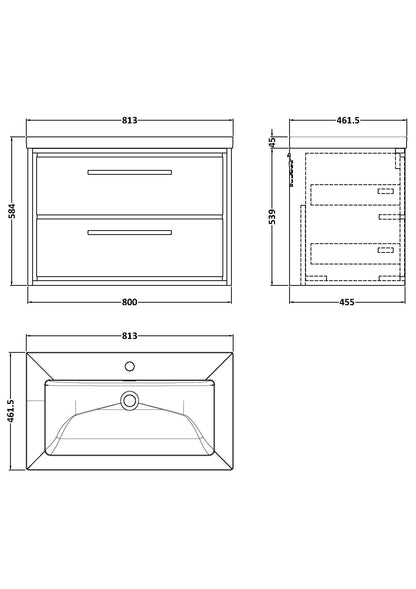 Hudson Reed Lille 800mm Wall Hung 2-Drawer Vanity Unit With 1 Tap Hole Basin