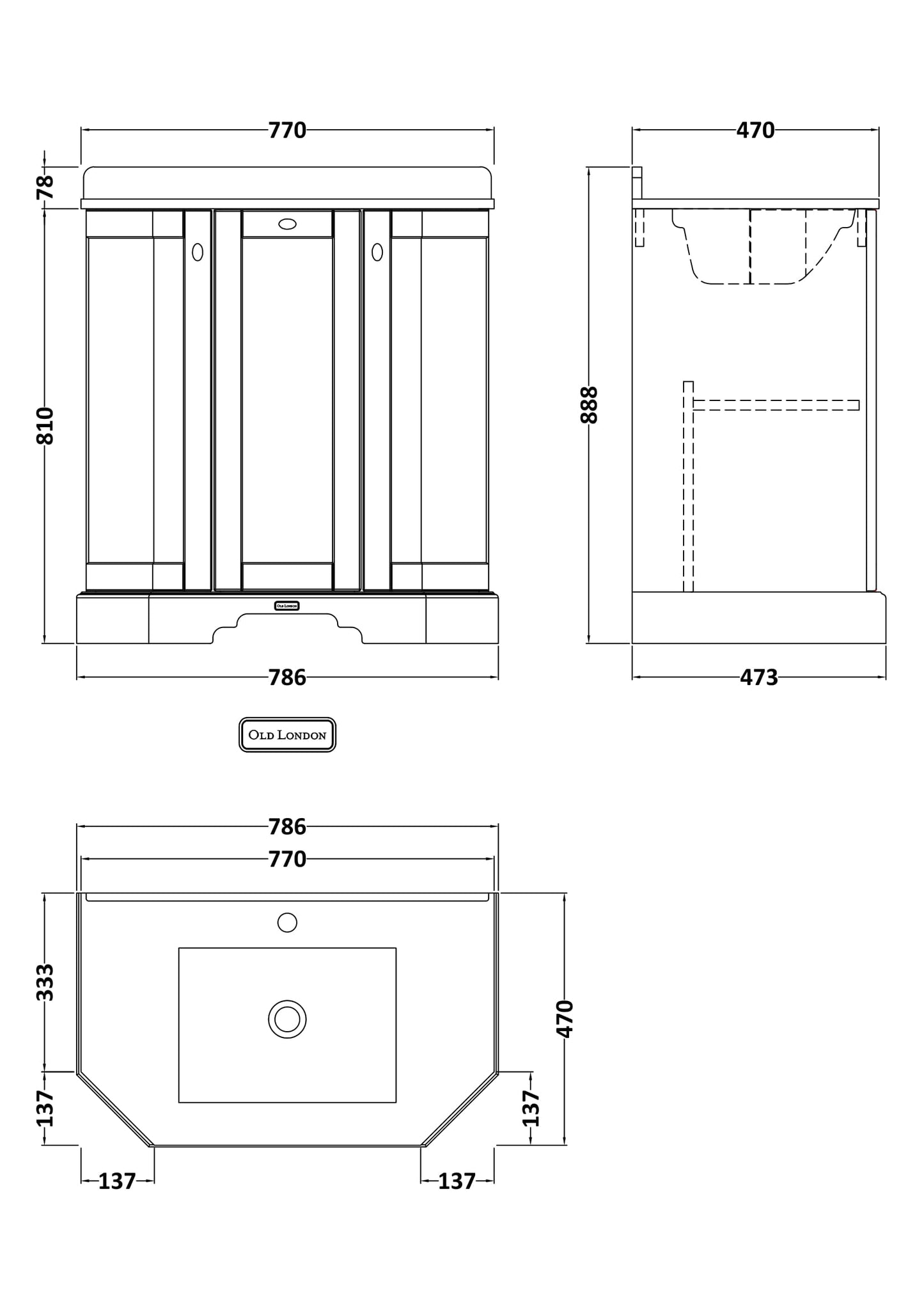 Floor Standing 3 Door Angled Vanity Unit with 1 Tap Hole White Marble Top 750mm