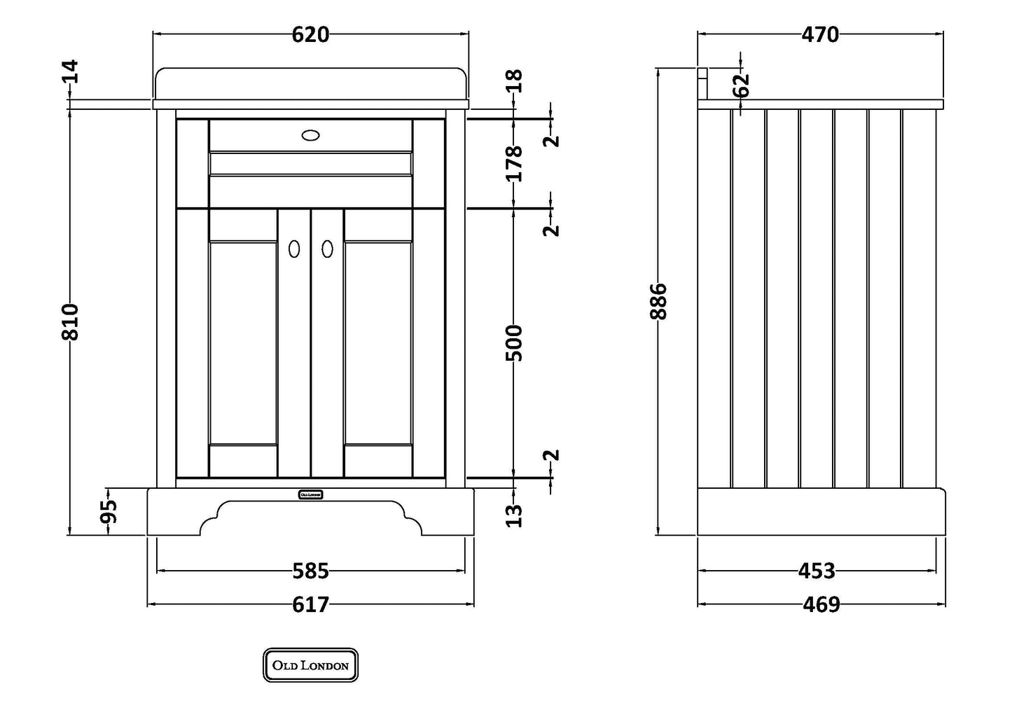 Hudson Reed Old London 600mm Floor Standing 2 Door Vanity Unit with 3 Tap Hole Grey Marble Top Basin & Soft Close Doors