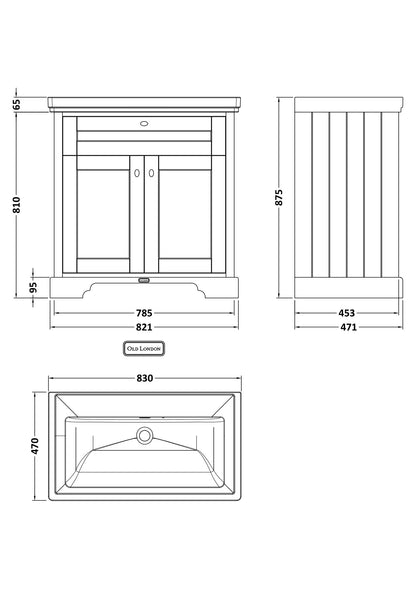 Hudson Reed Old London 800mm Storm Grey Floor Standing 2 Door Vanity Unit With 0 Tap Hole Fireclay Basin