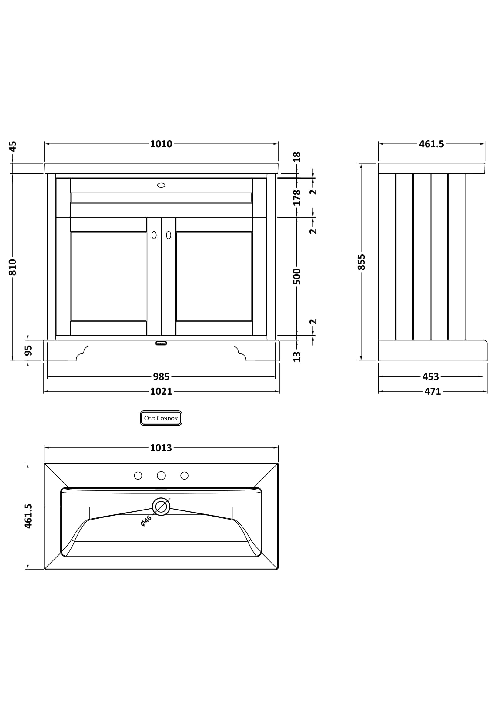 Hudson Reed Old London 1000mm Traditional Storm Grey 2-Door Floor Standing Vanity Unit with Fireclay Basin