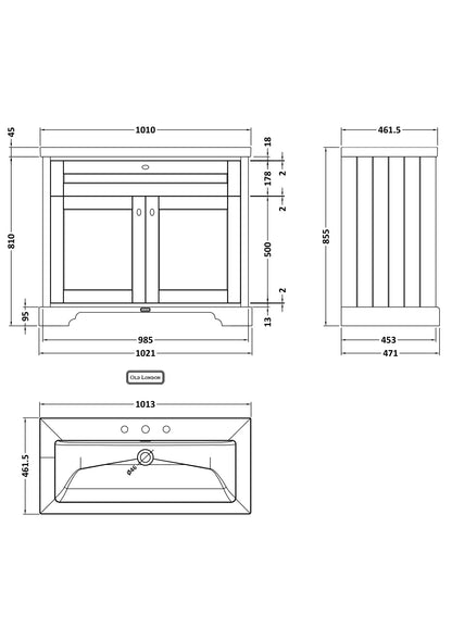 Hudson Reed Old London 1000mm Traditional Storm Grey 2-Door Floor Standing Vanity Unit with Fireclay Basin