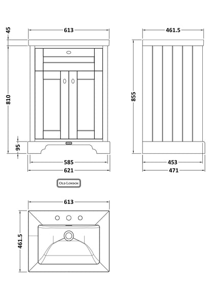 Old London 600mm 2-Door Unit & Contemporary Fireclay Basin 3TH
