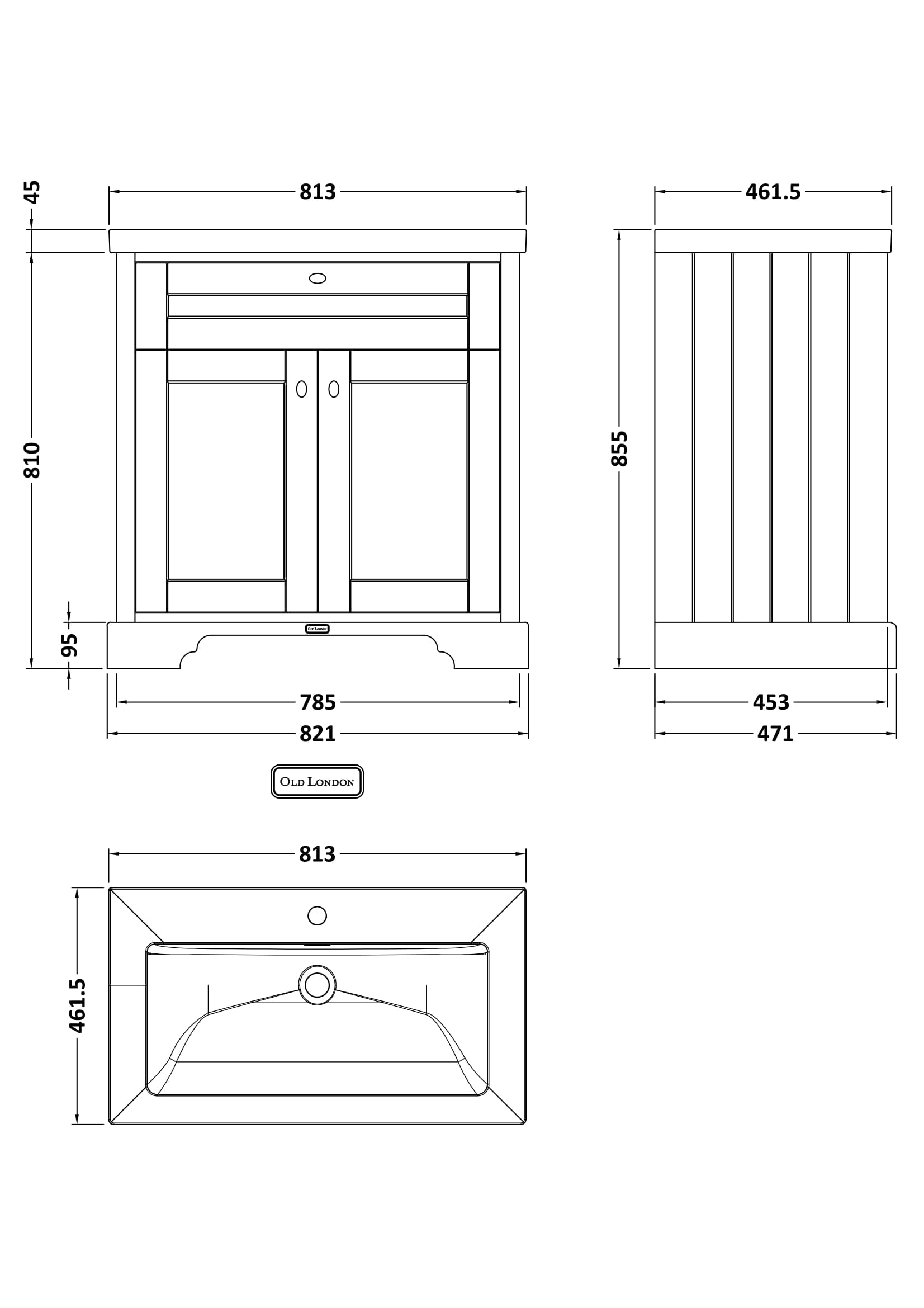 Hudson Reed Old London Traditional 813mm Twilight Blue 2-Door Vanity Unit With 1 Tap Hole Fireclay Basin