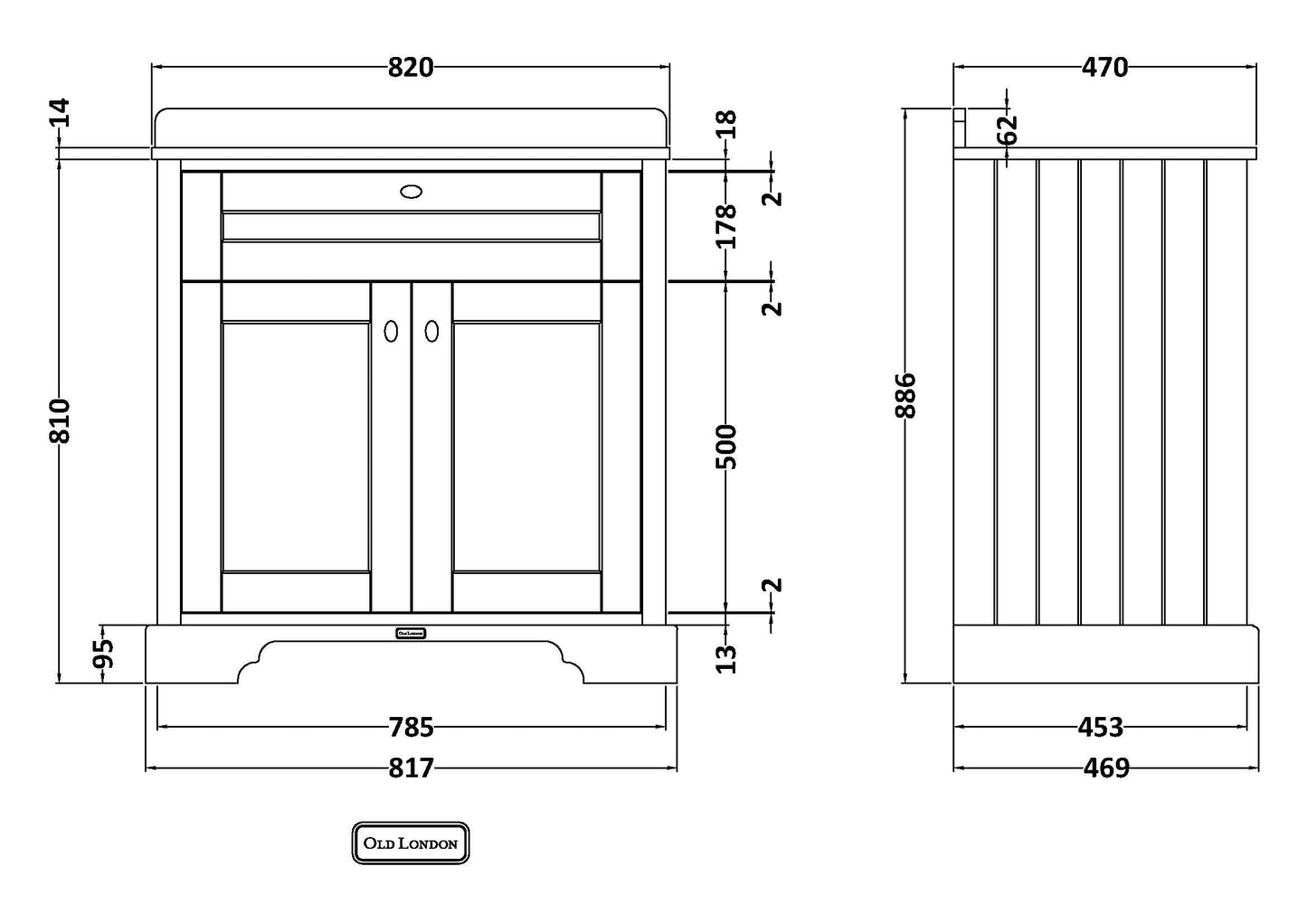 Hudson Reed Old London 820mm Twilight Blue Floor Standing 2 Door Vanity Unit With 3 Tap Hole Black Marble Top Basin