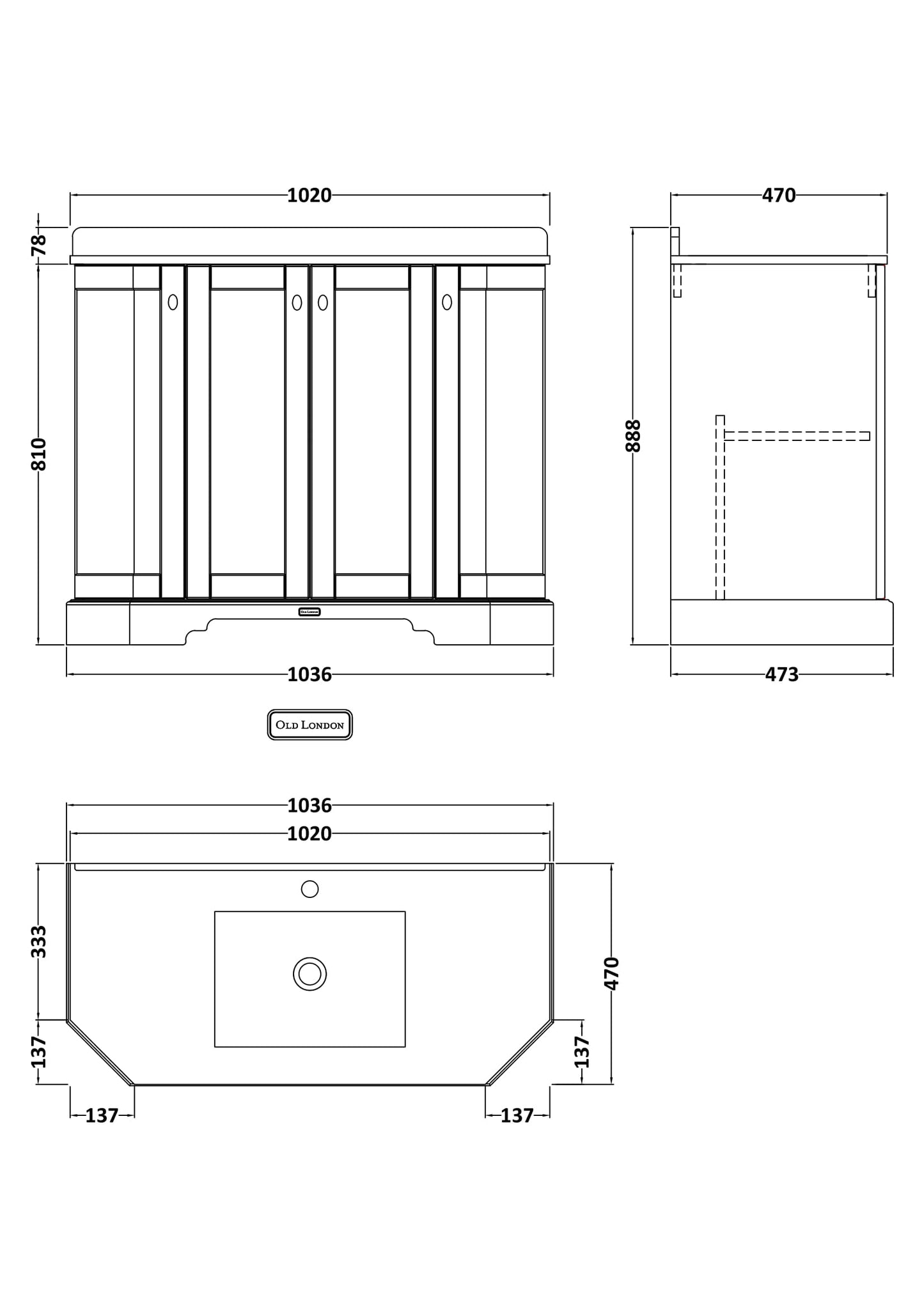 Floor Standing 4 Door Angled Vanity Unit with 1 Tap Hole Grey Marble Top 100mm