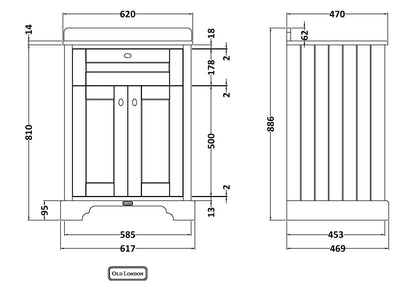 Hudson Reed Old London 620mm Timeless Sand Floor Standing 2 Door Vanity Unit With 1 Tap Hole White Marble Top Basin