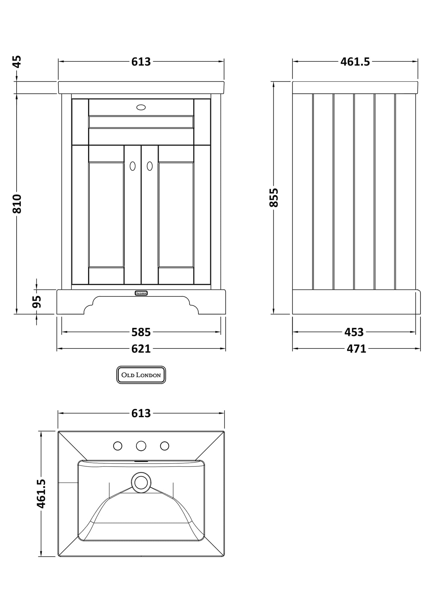 Hudson Reed Old London 600mm 2-Door Vanity Unit With 3 Taphole Basin