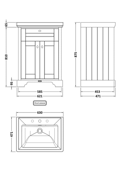 Hudson Reed Old London 600mm Hunter Green Floor Standing 2 Door Vanity Unit With 3 Tap Hole Fireclay Basin