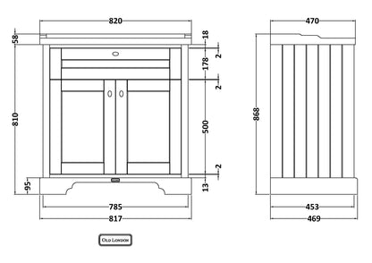 Hudson Reed Old London 820mm Hunter Green Floor Standing 2 Door Vanity Unit With 3 Tap Hole Ceramic Basin