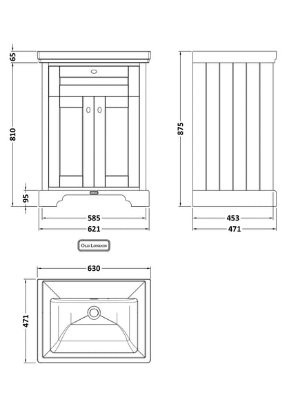 Hudson Reed Old London 600mm Floor Standing 2 Door Vanity Unit & 0 Tap Hole Fireclay Basin