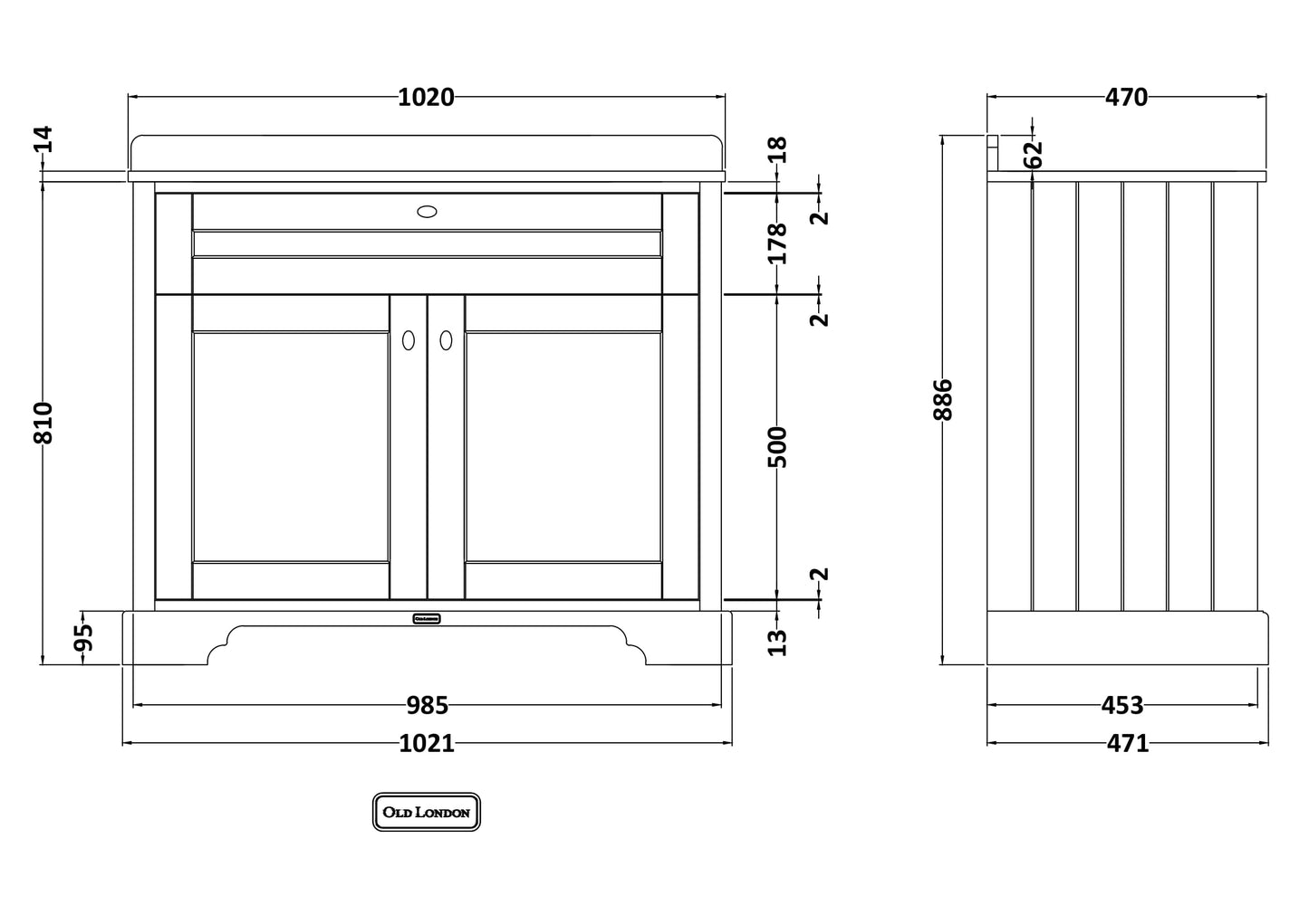 Hudson Reed Old London 1055mm Floor Standing Vanity Unit With White Marble Top Square Basin