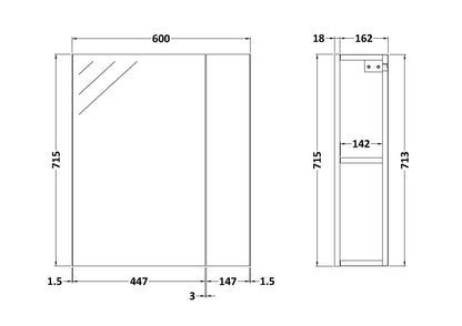 Fusion Fitted Wall Hung 2 Door Mirror Unit (75/25) 600mm