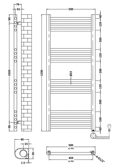 Electric Round Tube Towel Rail with 17 Bars, 1200mm x 500mm
