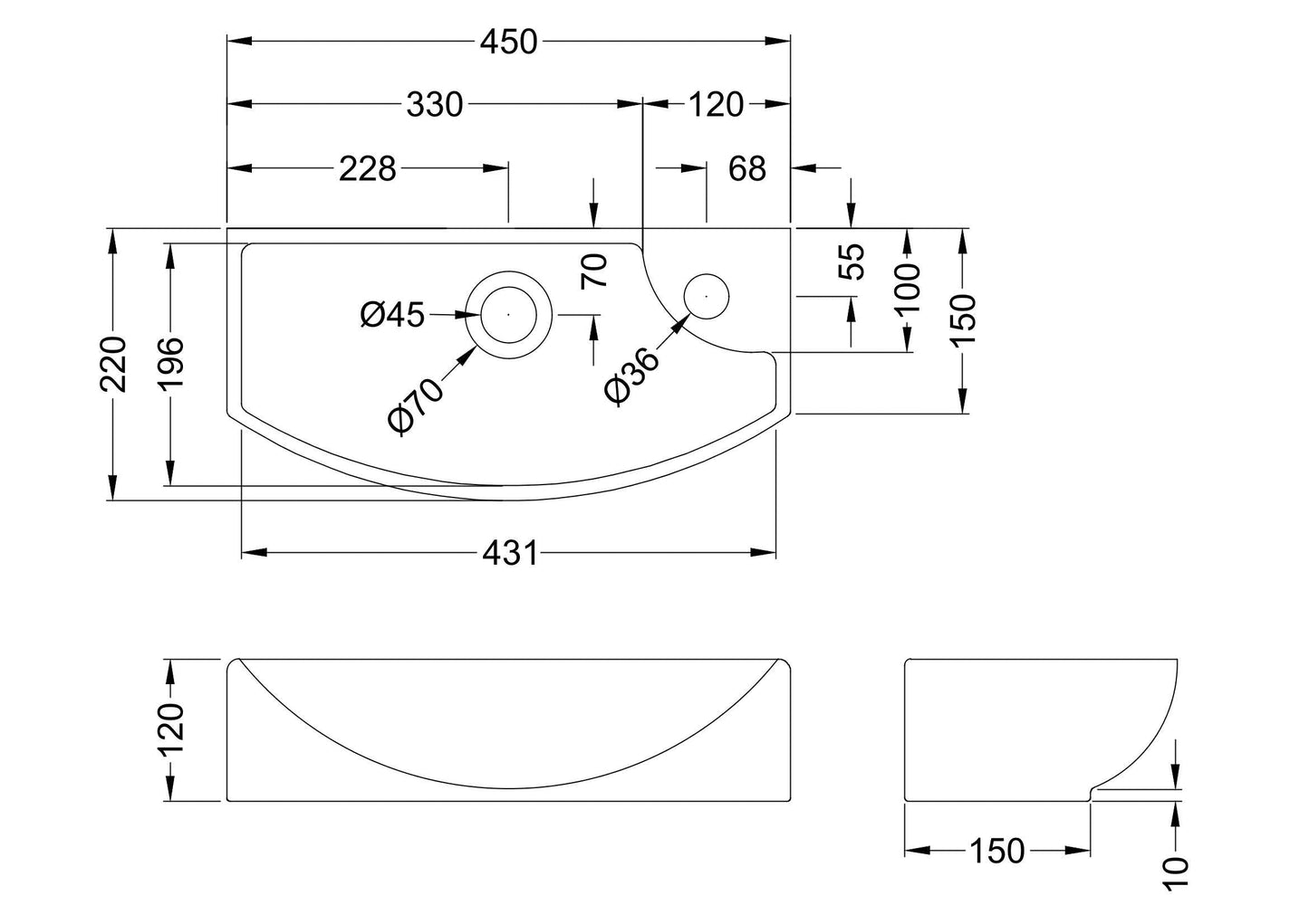 Juno Compact Curved Ceramic Basin Left Hand 1 Tap Hole