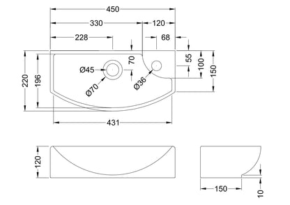 Juno Compact Curved Ceramic Basin Left Hand 1 Tap Hole