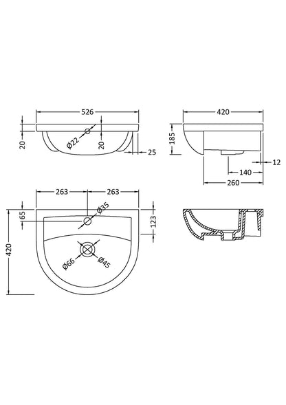 Fusion Fitted Round 1 Tap Hole Semi Recessed Ceramic Basin 500mm