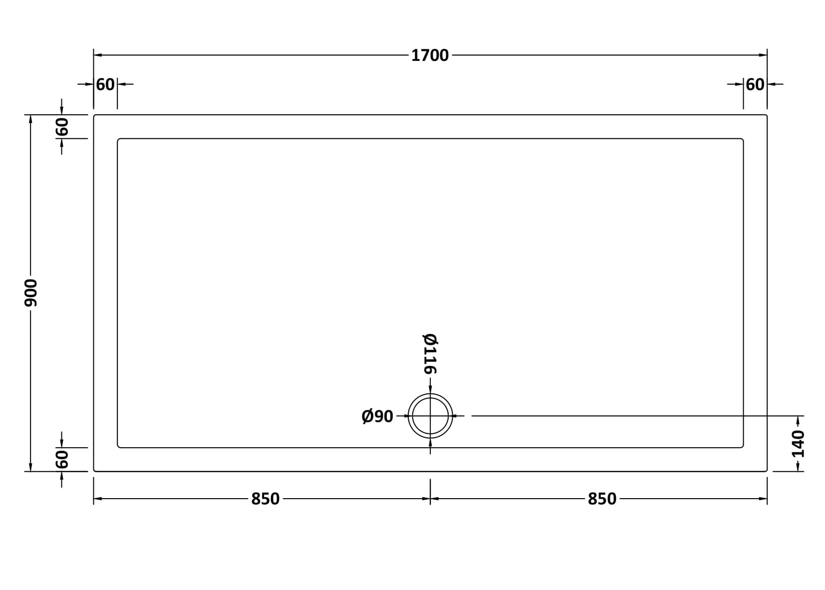 Rectangular Slimline Shower Tray 1700 x 900mm