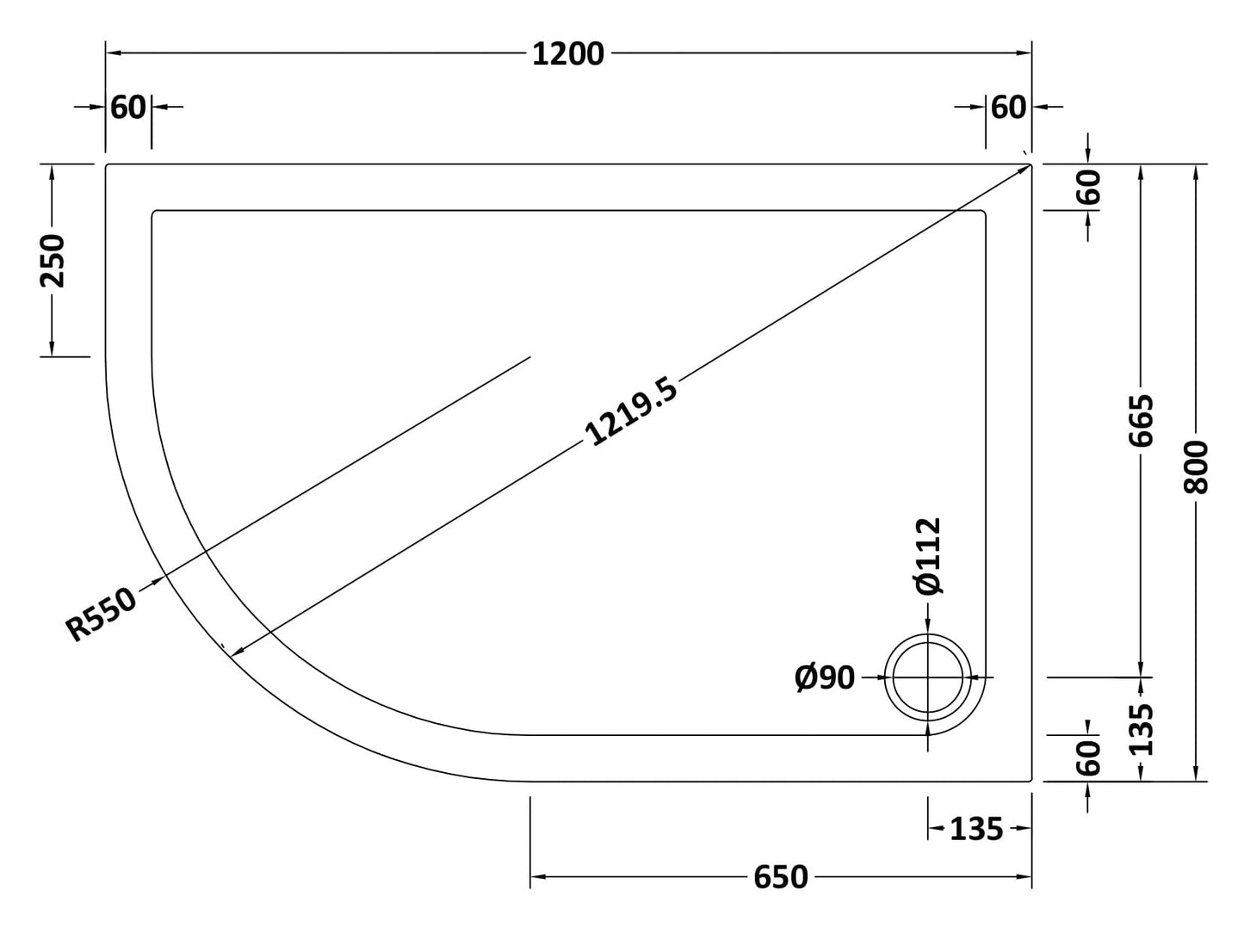 Offset Quadrant Slimline Shower Tray Left Hand 1200 x 800mm