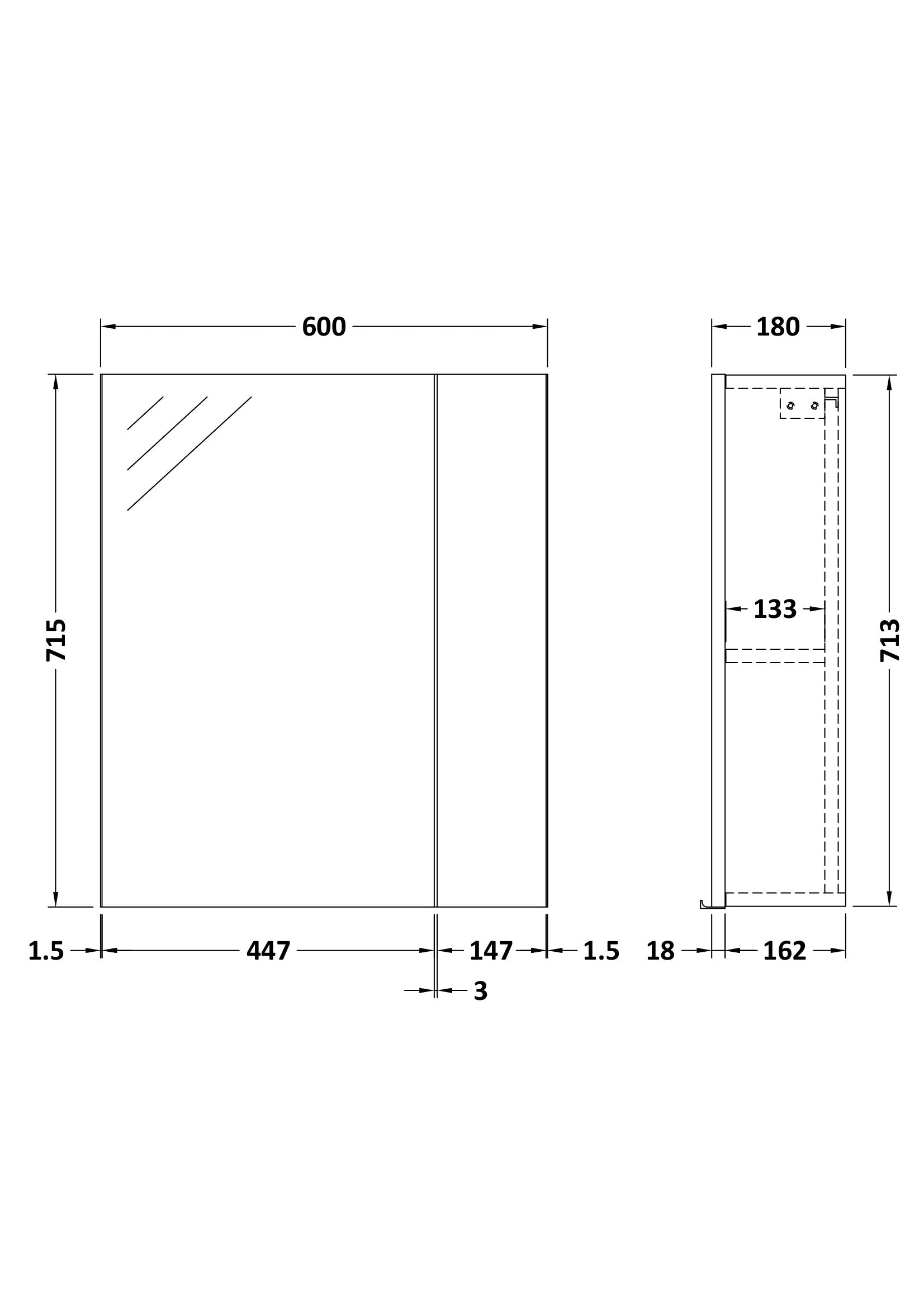 Fusion Fitted Wall Hung 2 Door Mirror Unit (75/25) 600mm