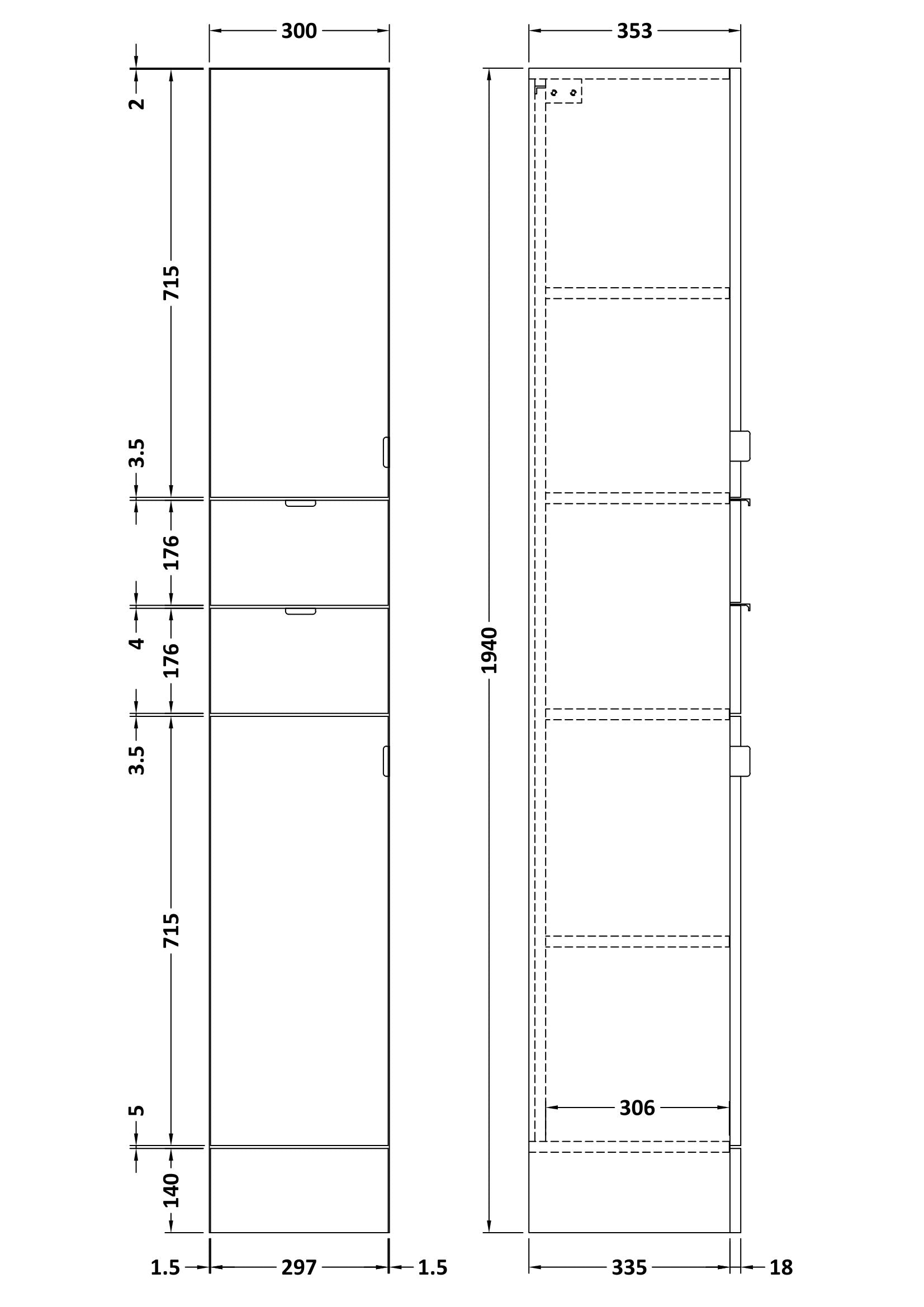 Hudson Reed Fusion 300mm 2 Door Drawer Gloss White Floor Standing Tall Cabinet With Handles