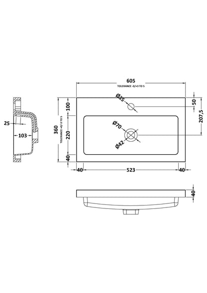 Arno Compact 600mm Polymarble Basin 1 Tap Hole