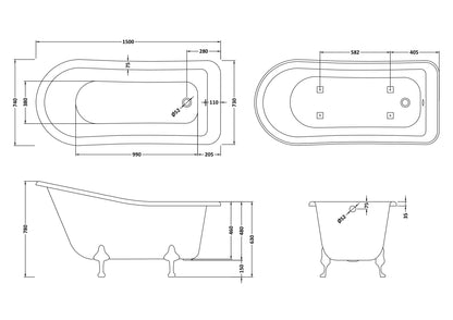 Hudson Reed 1500mm Freestanding Bath With Pride Legs