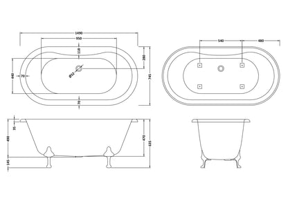Hudson Reed 1490mm Freestanding Bath With Corbel Legs